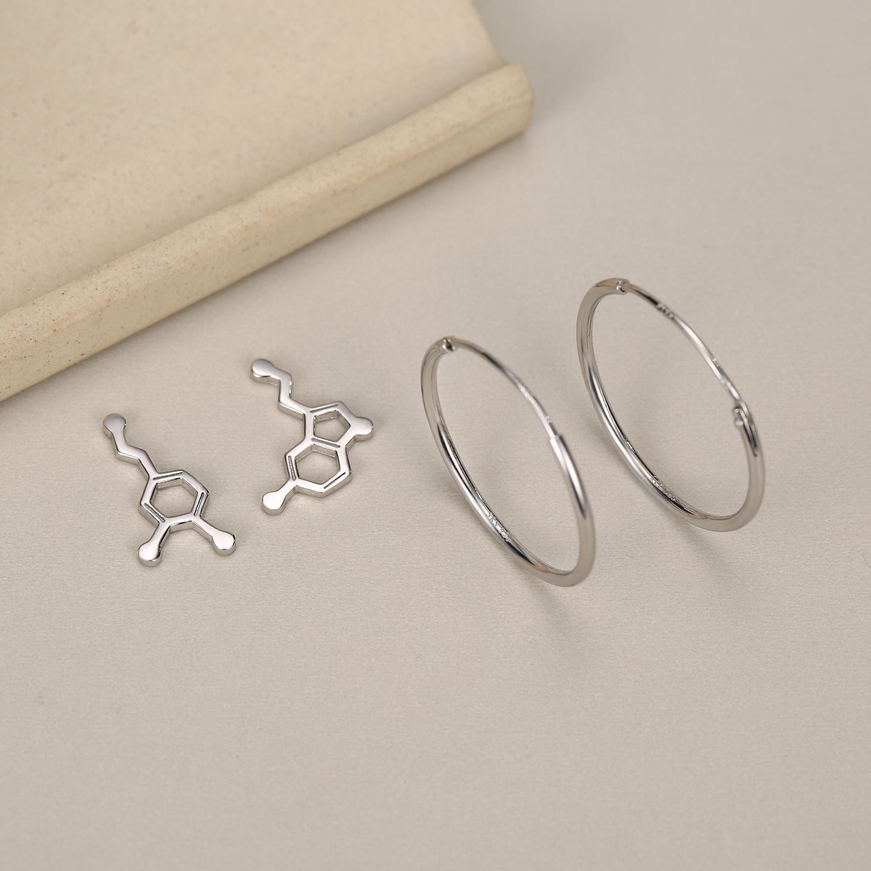 Serotonin and Dopamine Molecule Mismatched Charms in Sterling Silver for Hoop Earrings
