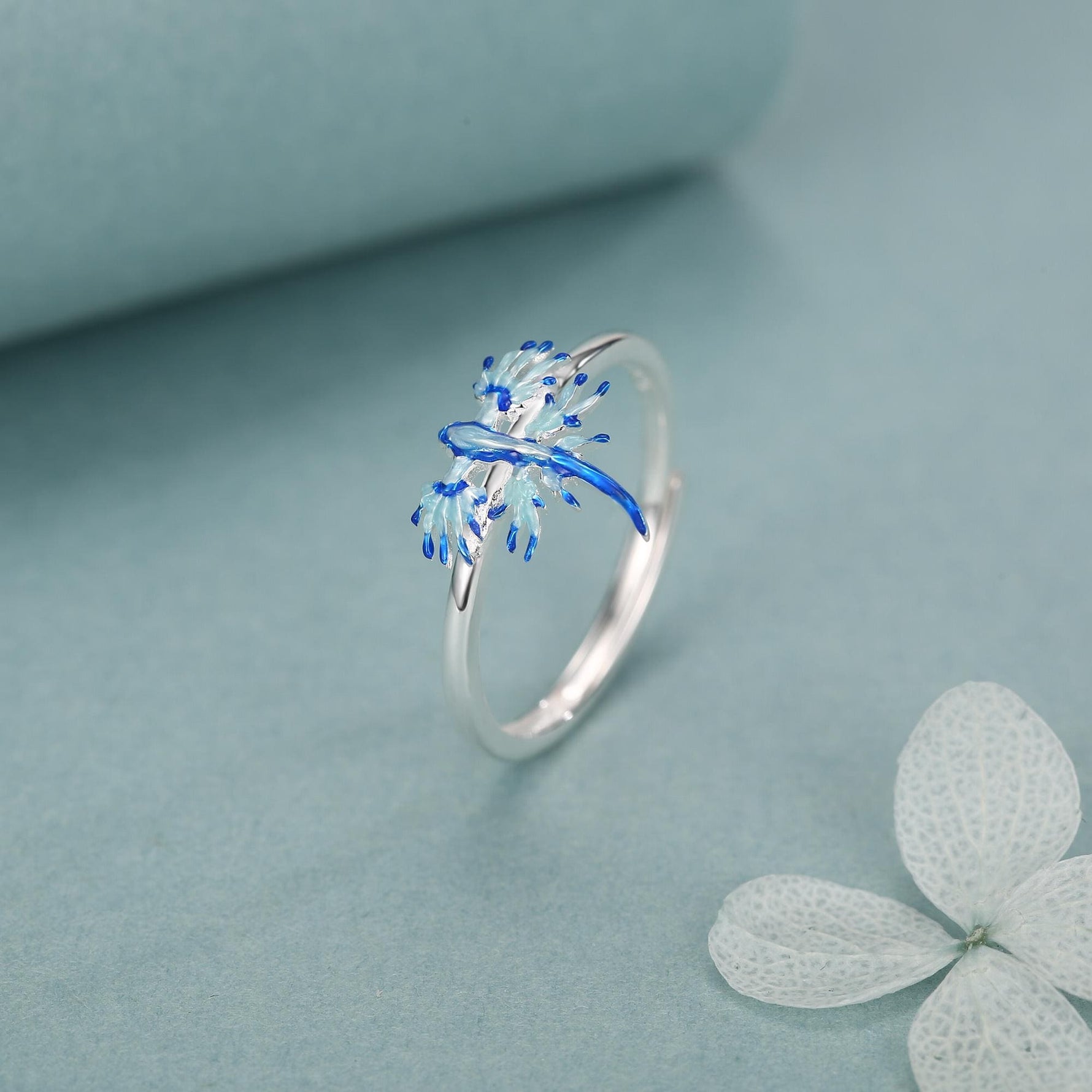 Sterling Silver Blue Dragon Sea Slug Enamel Ring
