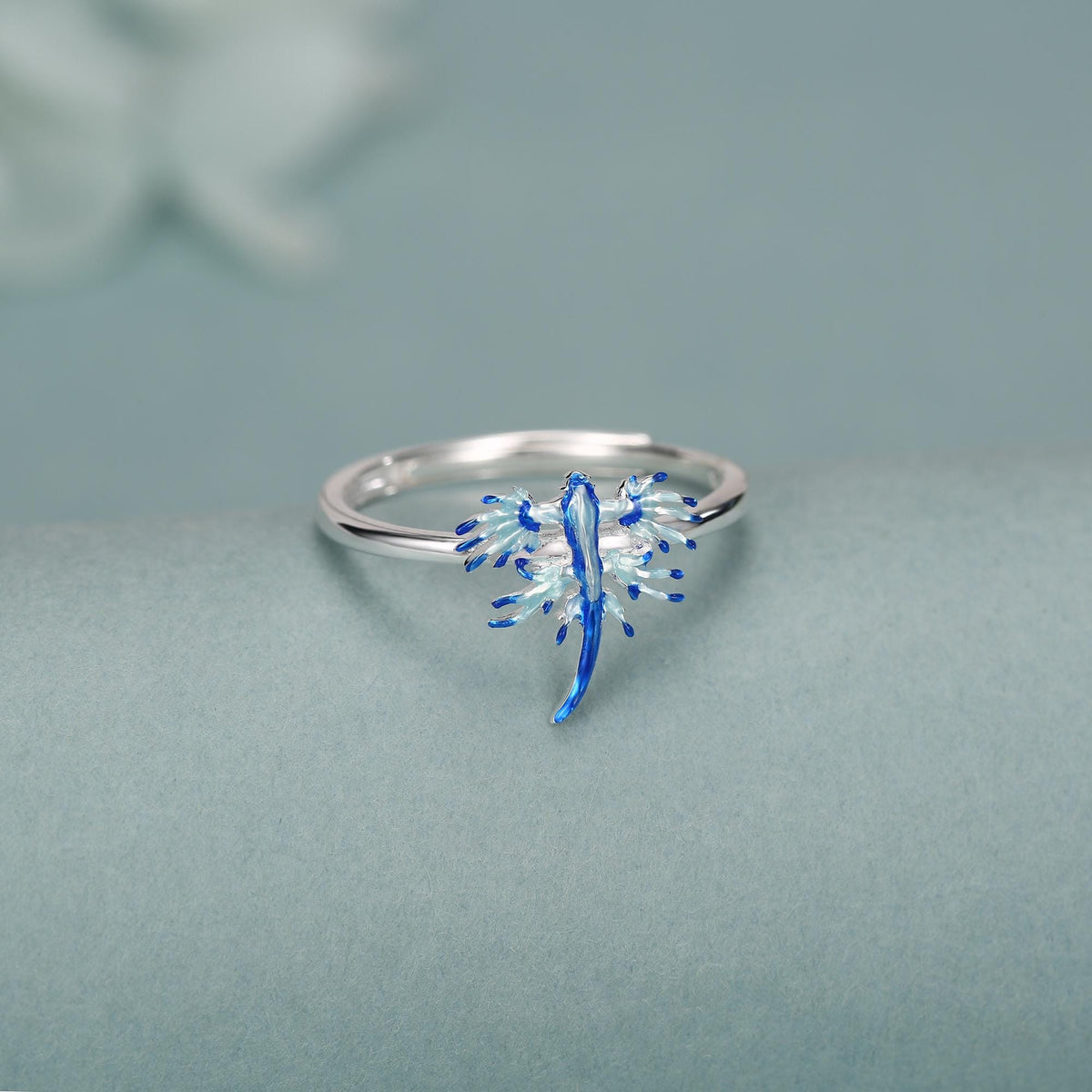 Sterling Silver Blue Dragon Sea Slug Enamel Ring