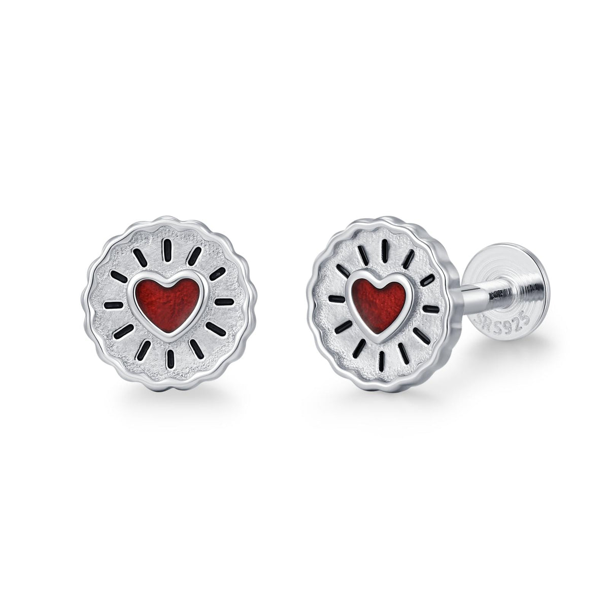 Sterling Silver Red Heart Biscuit 16G Flat Back Labret Earrings