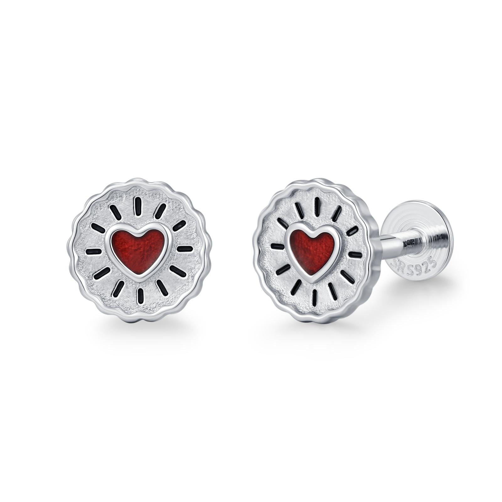 Sterling Silver Red Heart Biscuit 16G Flat Back Labret Earrings