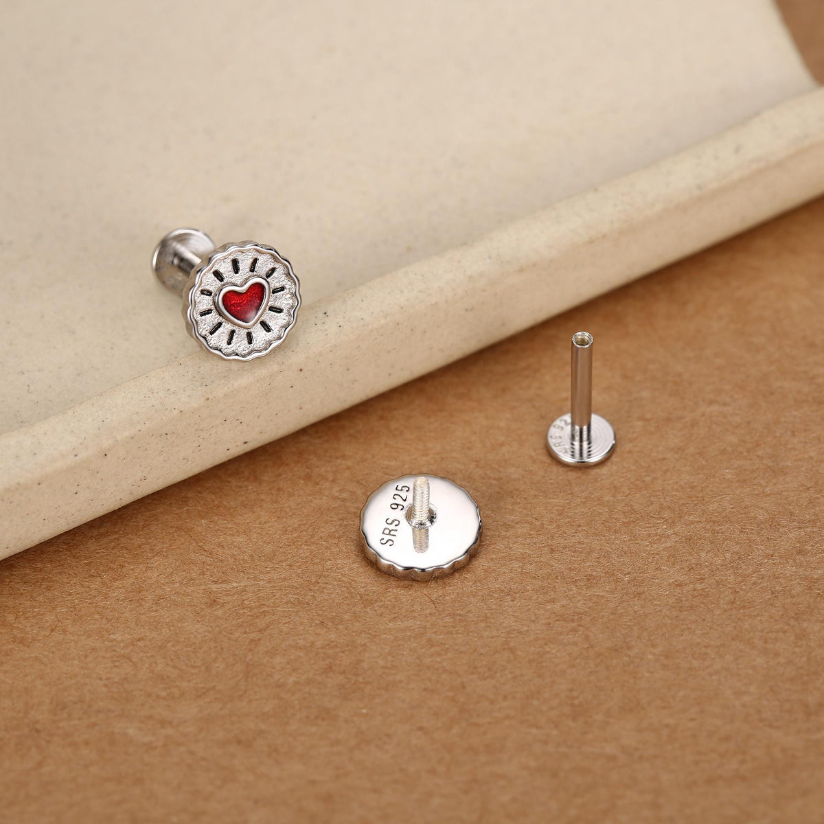Sterling Silver Red Heart Biscuit 16G Flat Back Labret Earrings