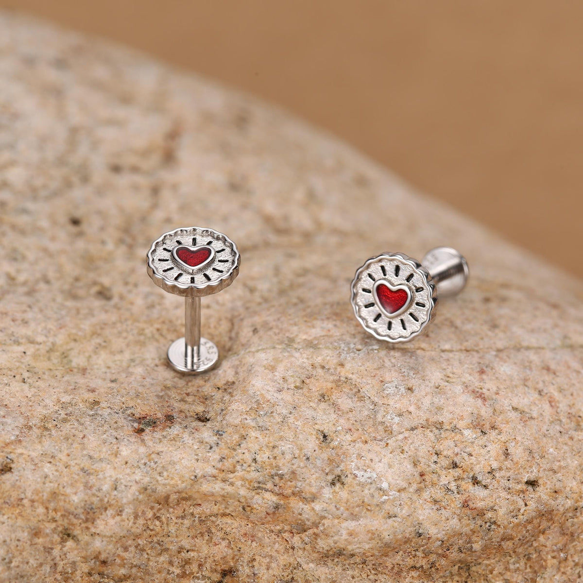 Sterling Silver Red Heart Biscuit 16G Flat Back Labret Earrings