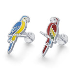 Sterling Silver Mismatched Enamel Parrot 16G Flatback Earrings