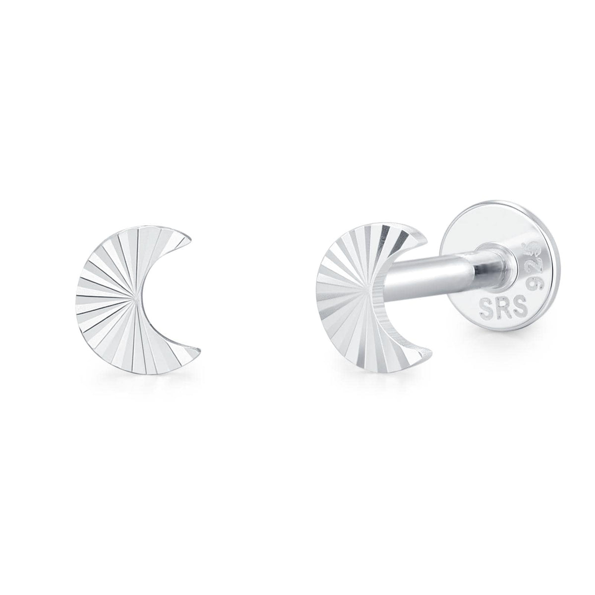 Sterling Silver Sunburst Moon 16G Internally Threaded Flat Back Earrings