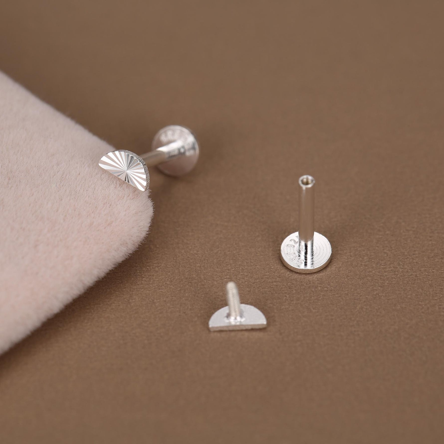 Sterling Silver Sunburst crescent Moon 16G internally threaded Flat Back Labret Earrings