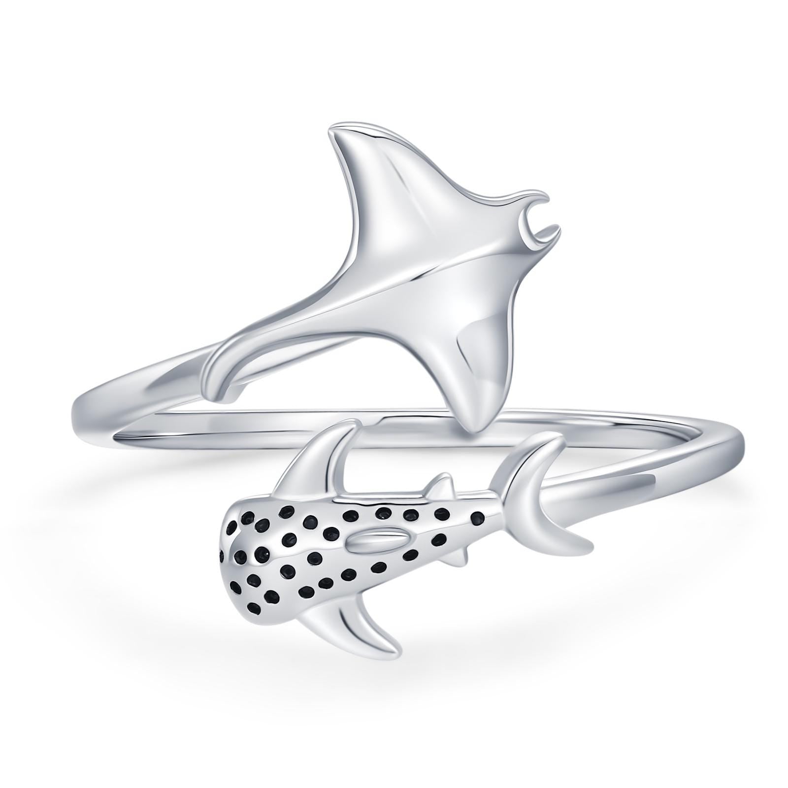 Sterling Silver Manta Ray and Whale Shark Adjustable Ring