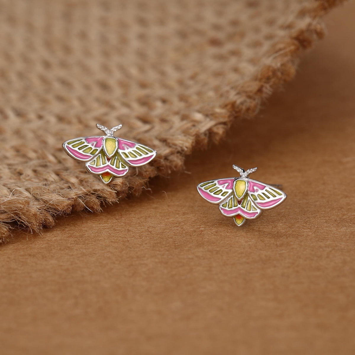 Sterling Silver Enamel Rosy Maple Moth Stud Earrings
