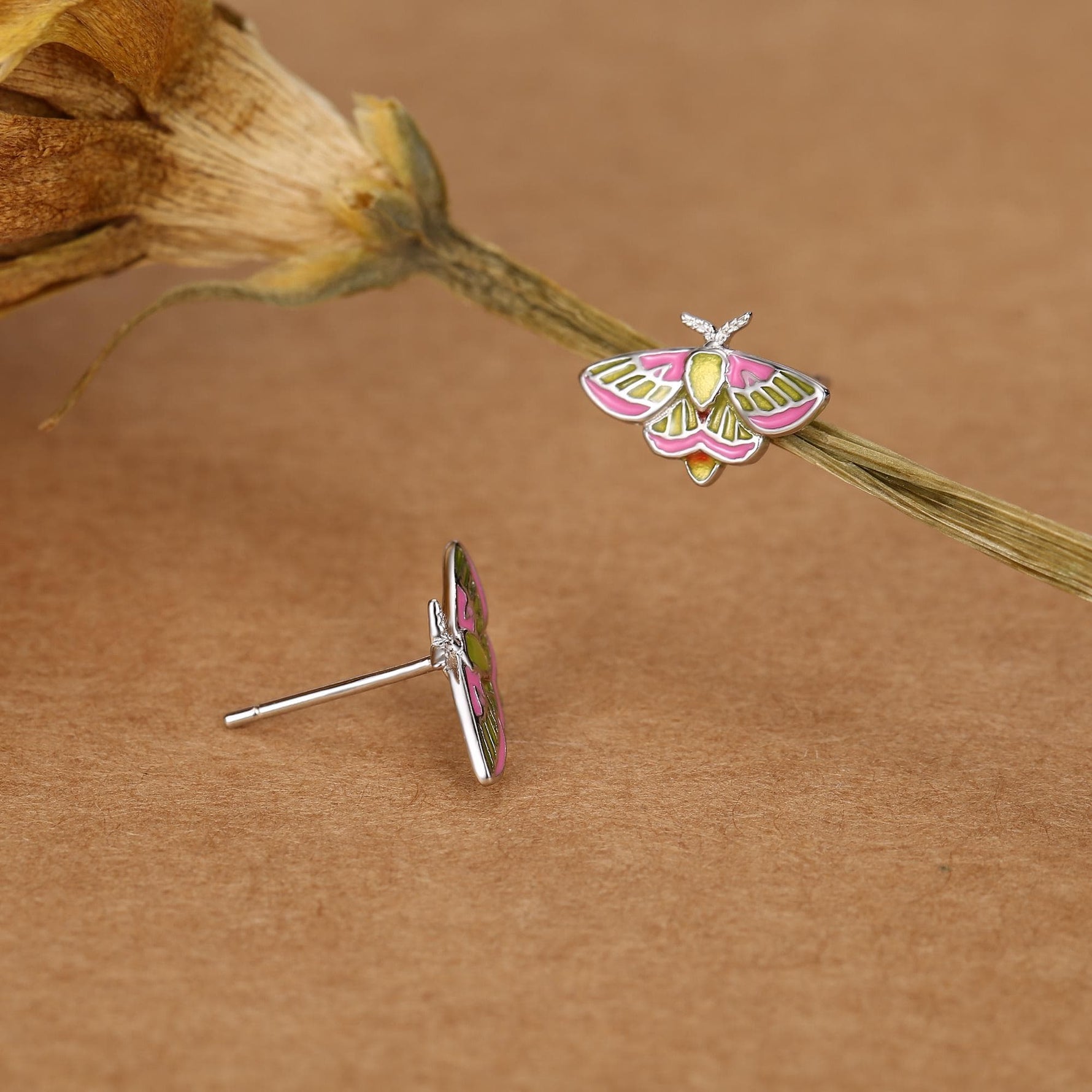Sterling Silver Enamel Rosy Maple Moth Stud Earrings