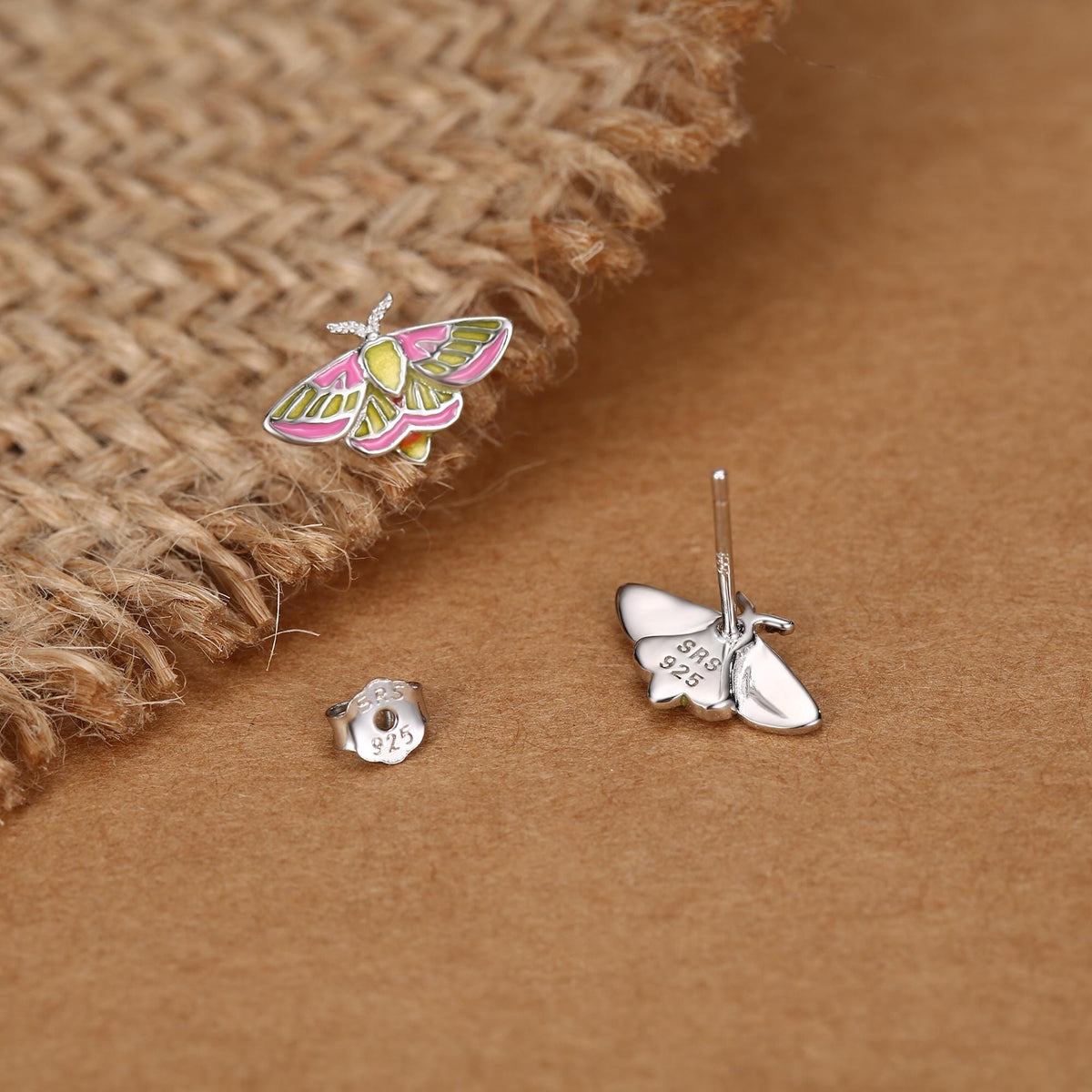Sterling Silver Enamel Rosy Maple Moth Stud Earrings