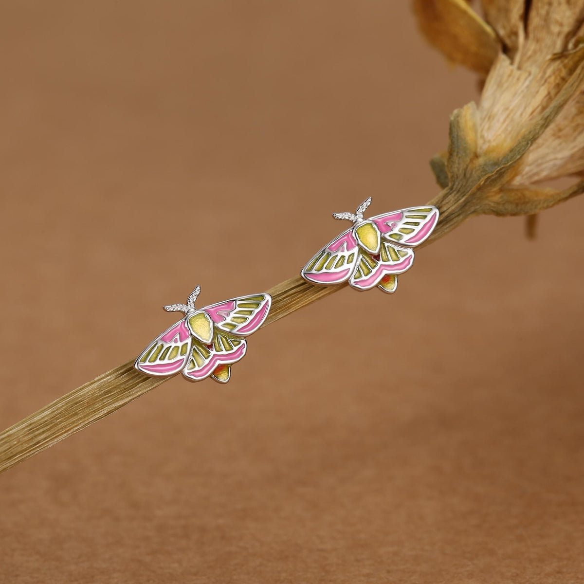 Sterling Silver Enamel Rosy Maple Moth Stud Earrings