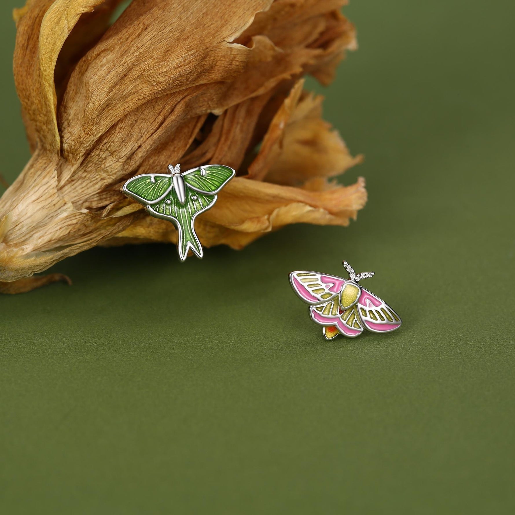 Sterling Silver Mismatched Lunar and Rosy Maple Moth Stud Earrings