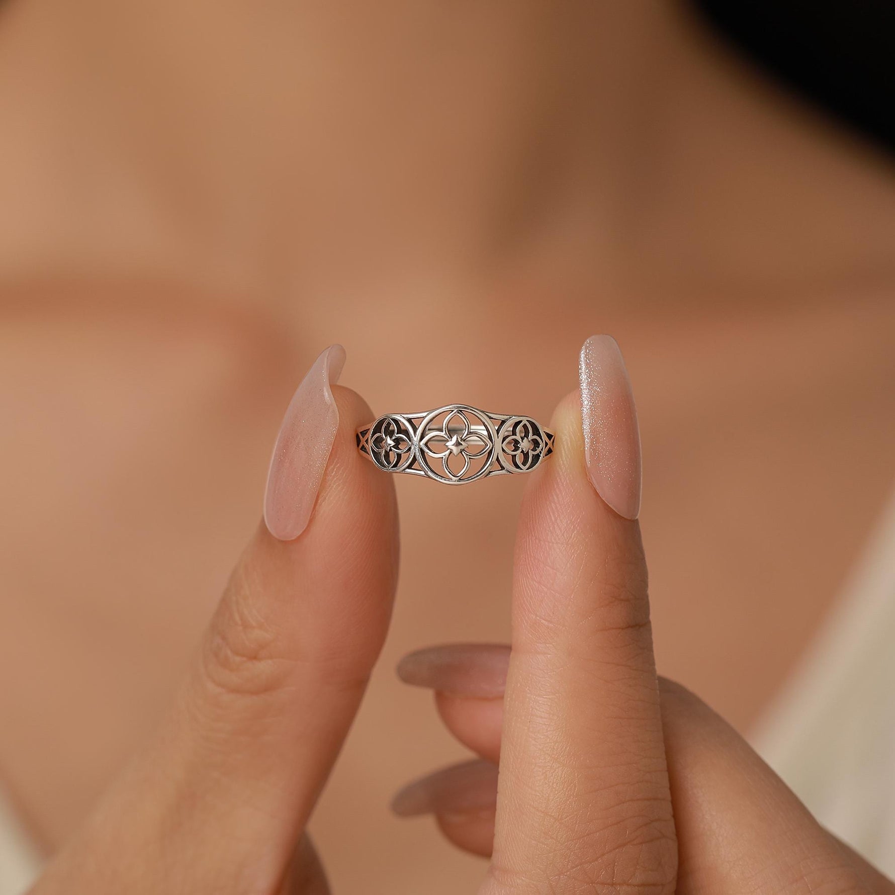 Sterling Silver Floral Cutout Adjustable Ring
