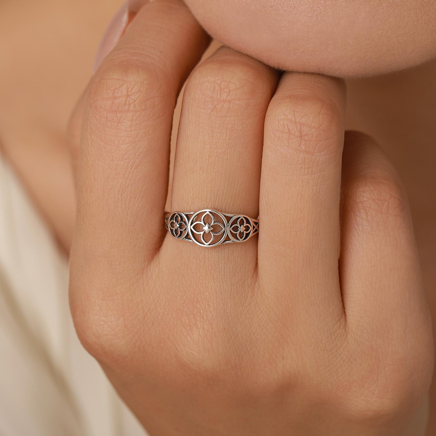 Sterling Silver Floral Cutout Adjustable Ring