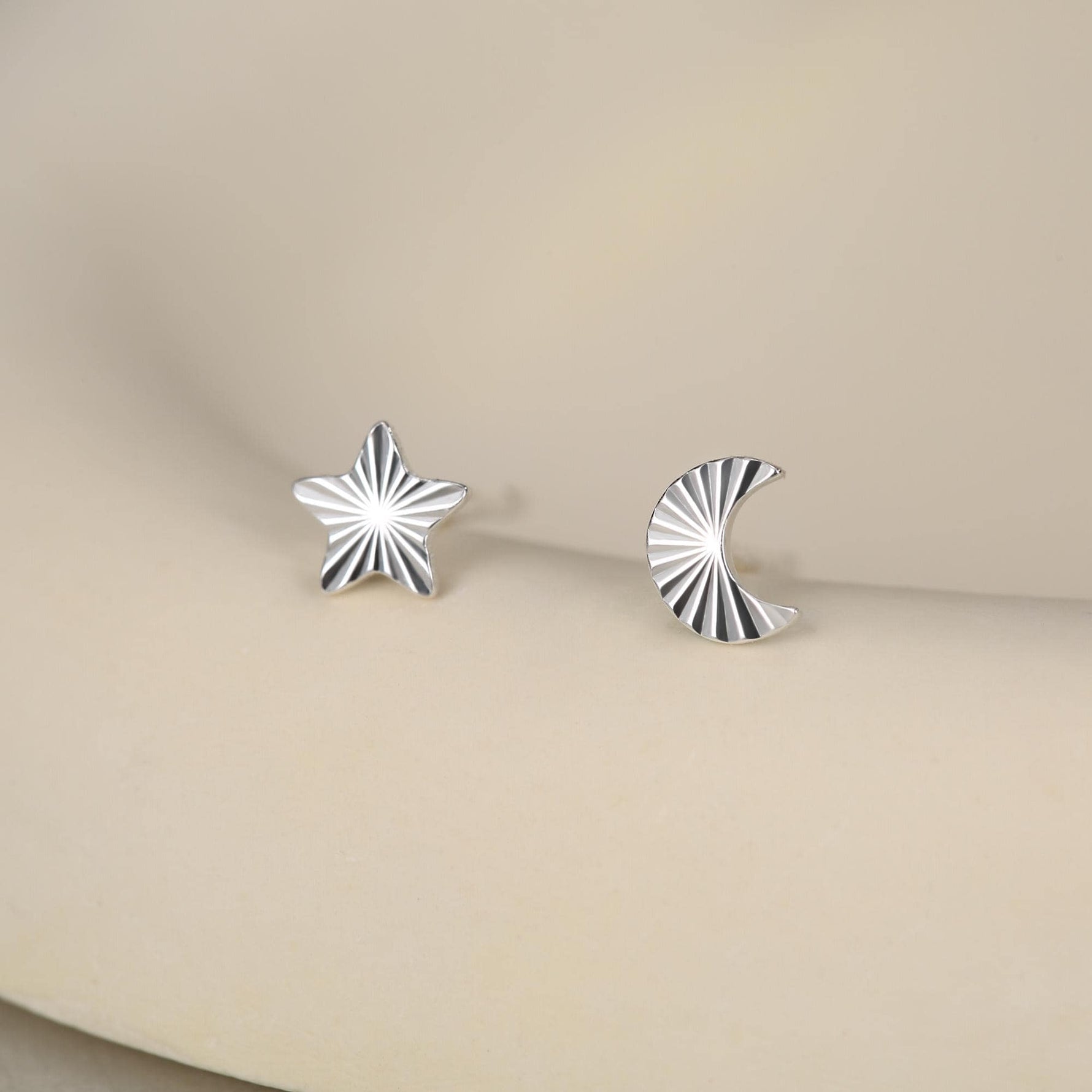 Sterling Silver Mismatched Moon and Star Stud Earrings