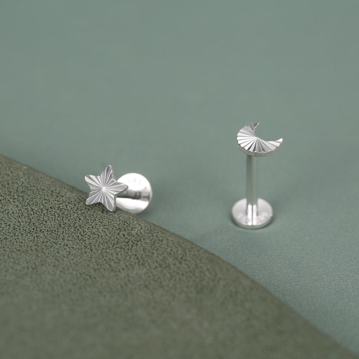 Sterling Silver Mismatched Moon Star 16G Flat Back Earrings