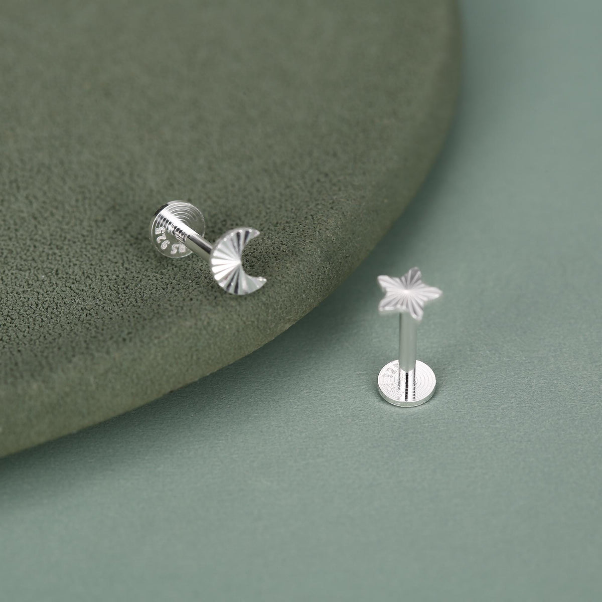 Sterling Silver Mismatched Moon Star 16G Flat Back Earrings