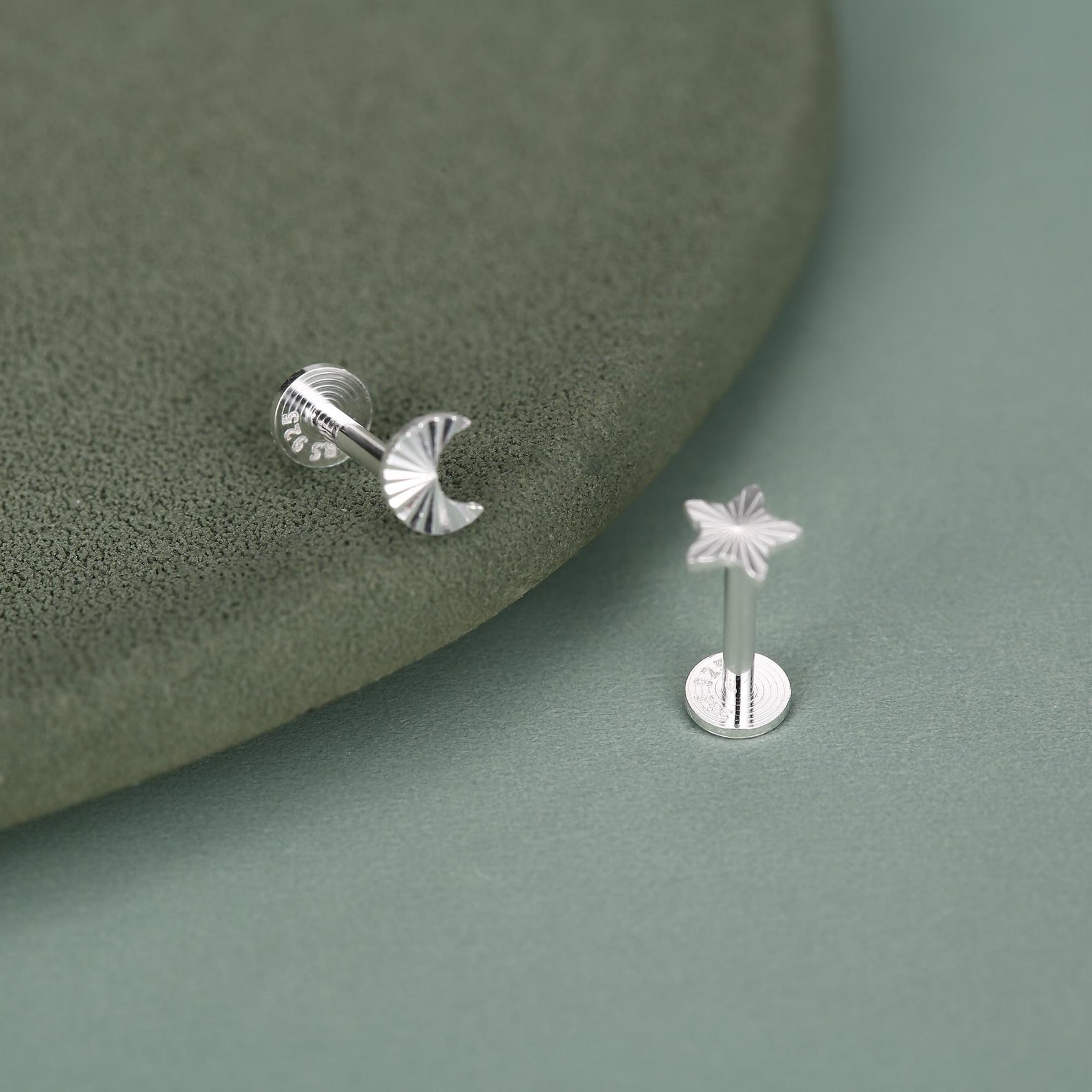 Sterling Silver Mismatched Moon Star 16G Flat Back Earrings