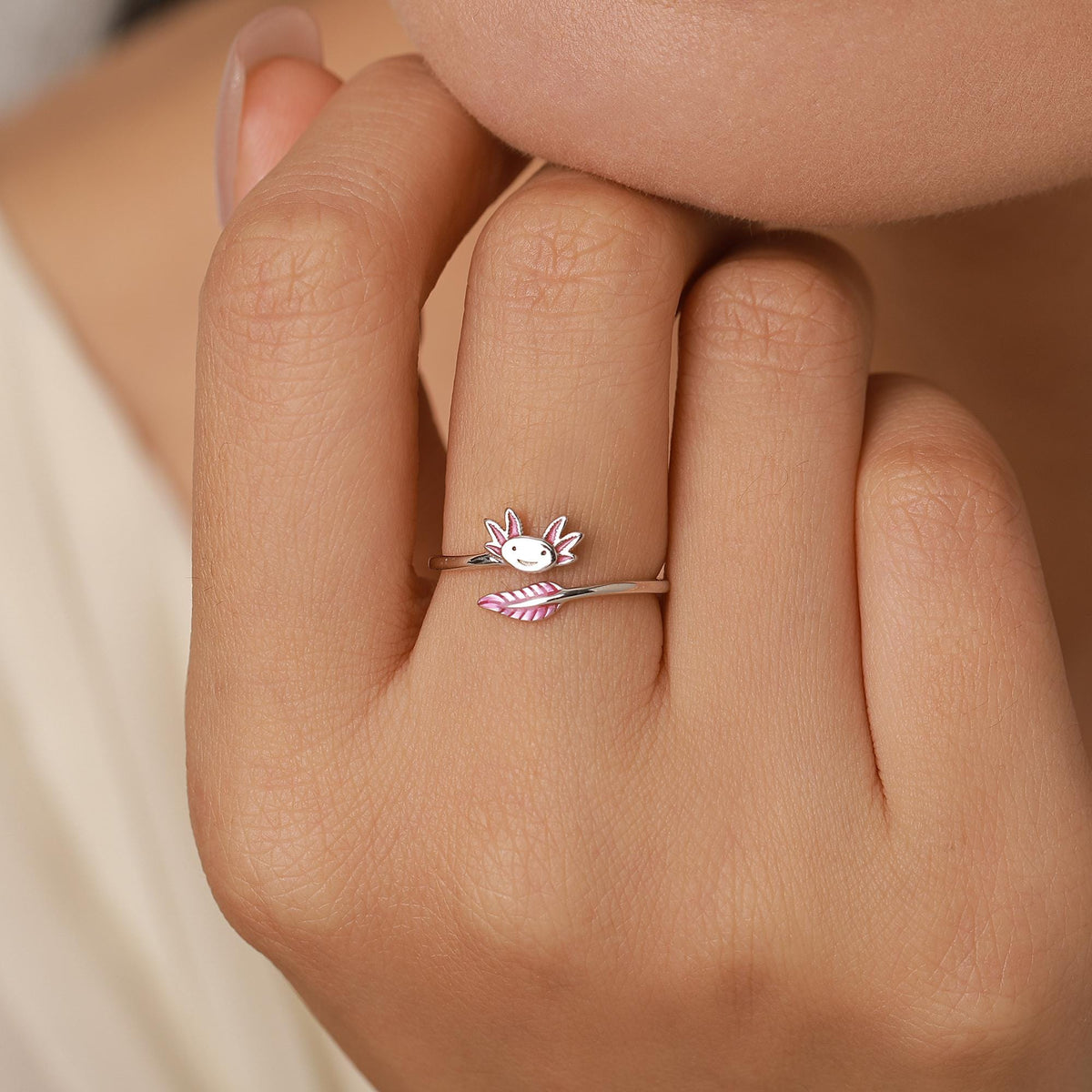 Sterling Silver Enamel Axolotl Adjustable Ring