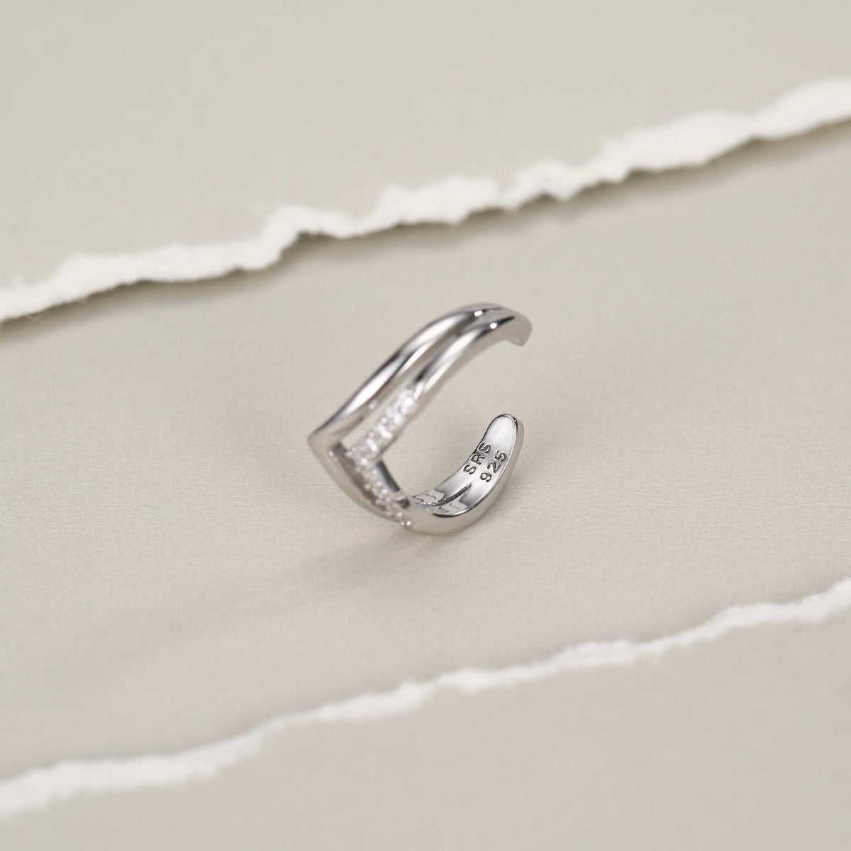 Sterling Silver Double Band CZ Wave Ear Cuff