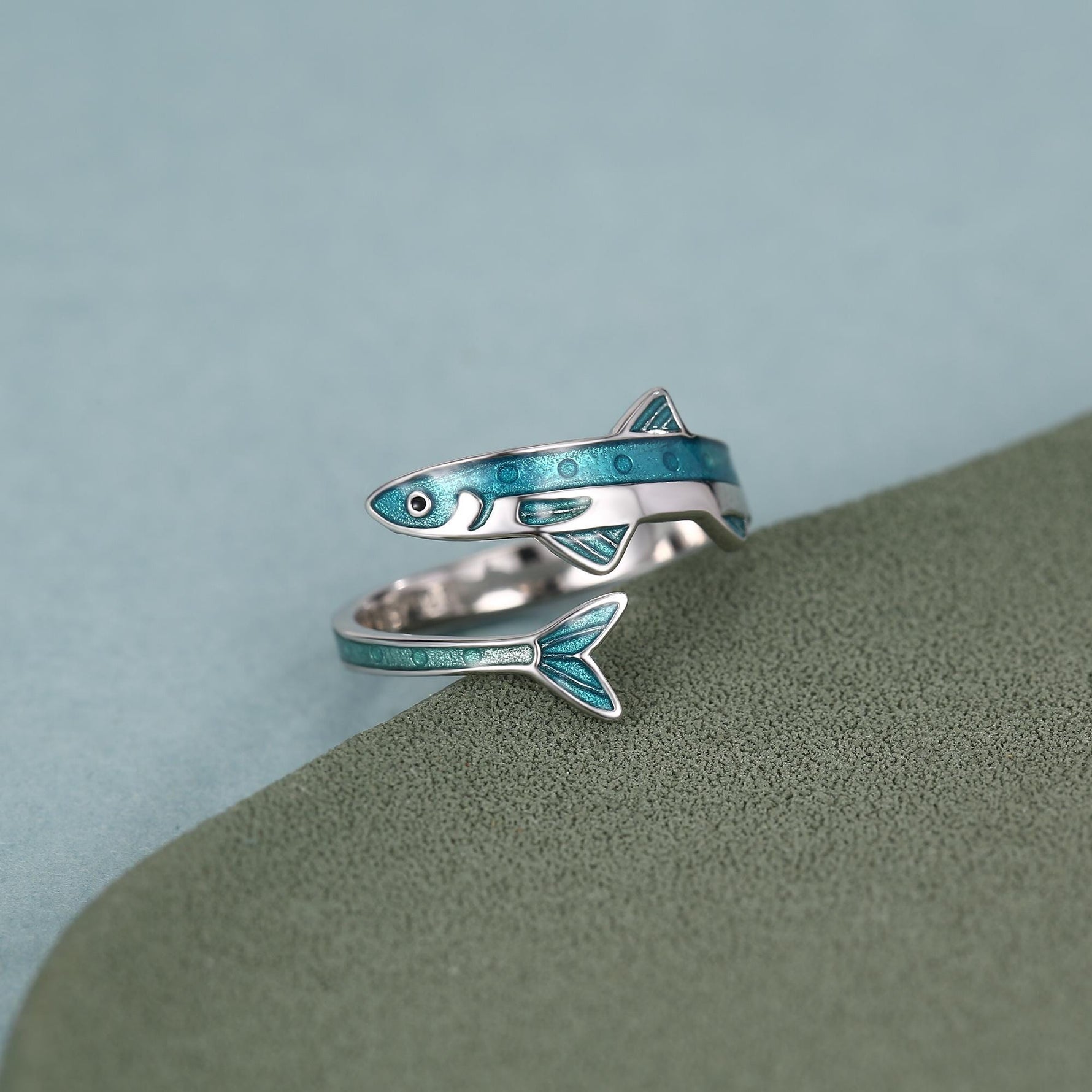 Sterling Silver Enamel Sardine Adjustable Ring
