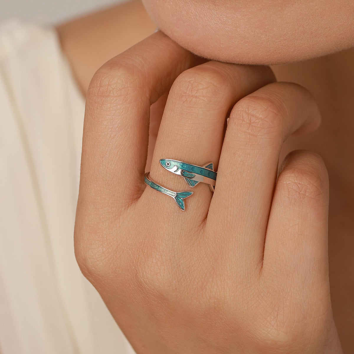 Sterling Silver Enamel Sardine Adjustable Ring
