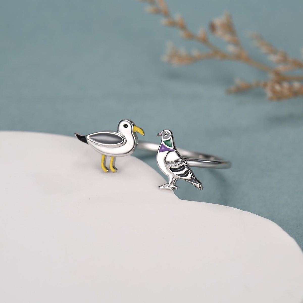 Sterling Silver Seagull and Pigeon Adjustable Ring