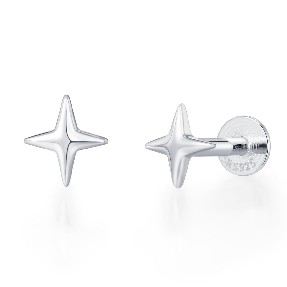 Four Point Star 16G Internally Threaded Flat Back Earrings in Sterling Silver