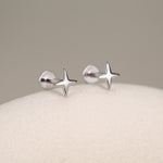 Four Point Star 16G Internally Threaded Flat Back Earrings in Sterling Silver