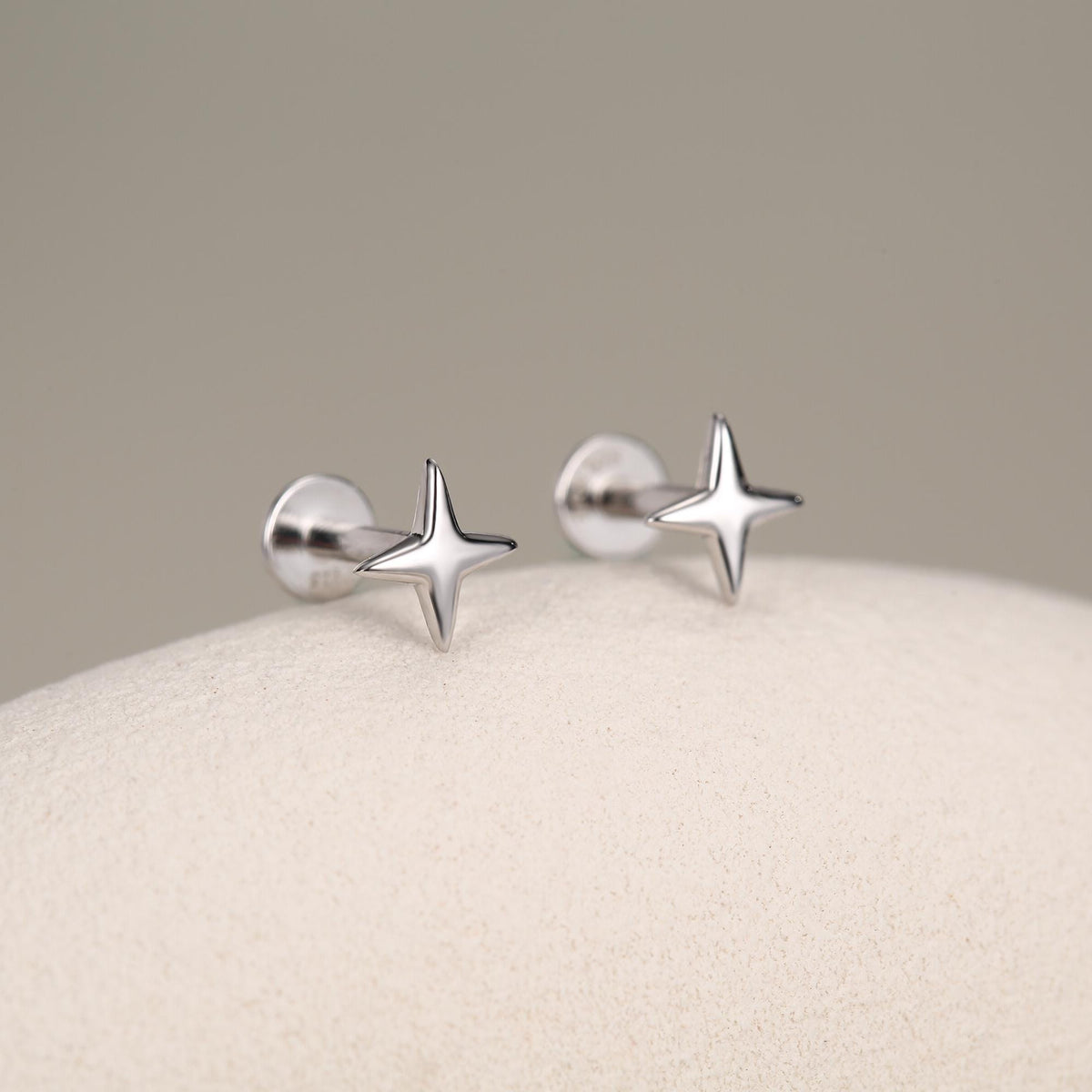 Four Point Star 16G Internally Threaded Flat Back Earrings in Sterling Silver
