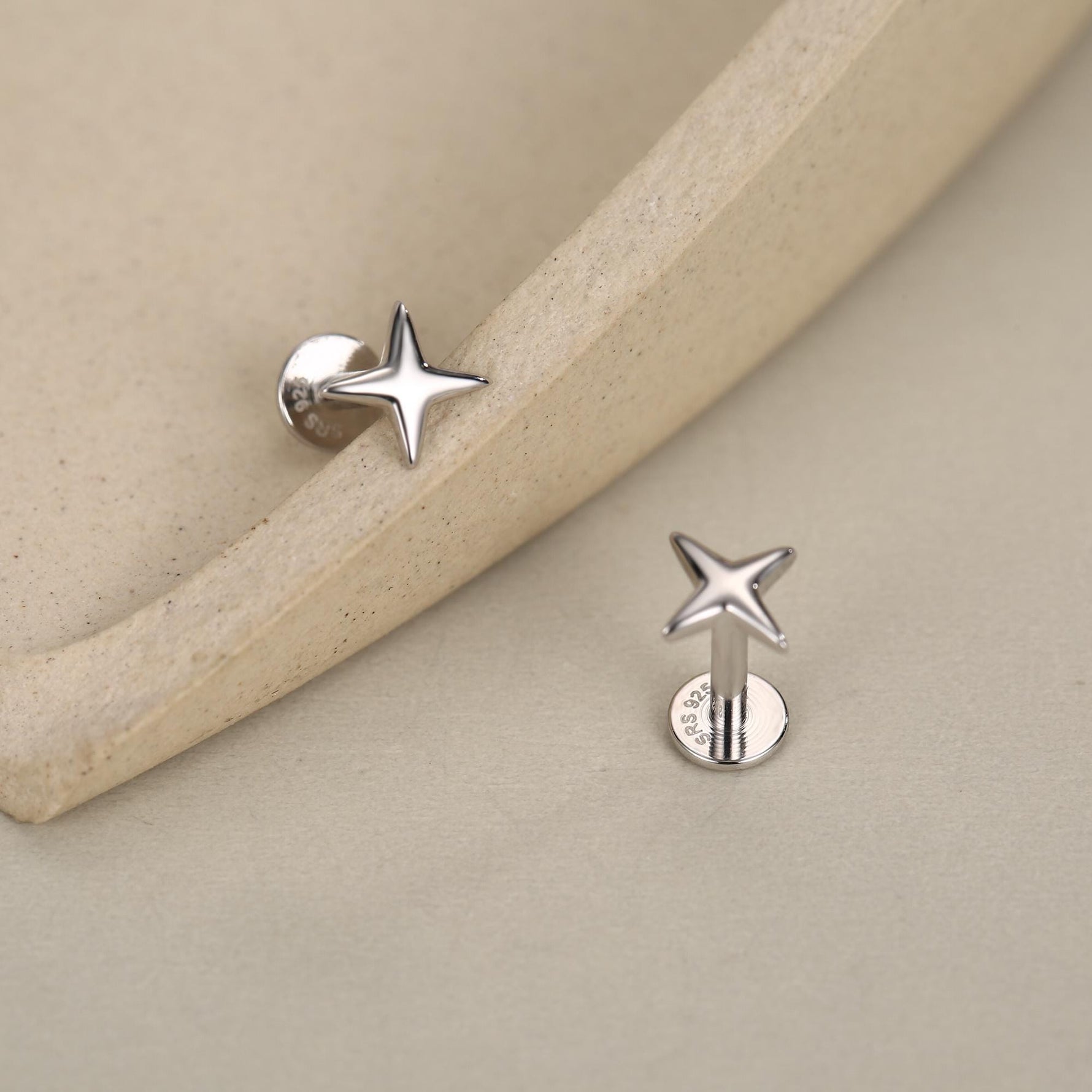 Four Point Star 16G Internally Threaded Flat Back Earrings in Sterling Silver