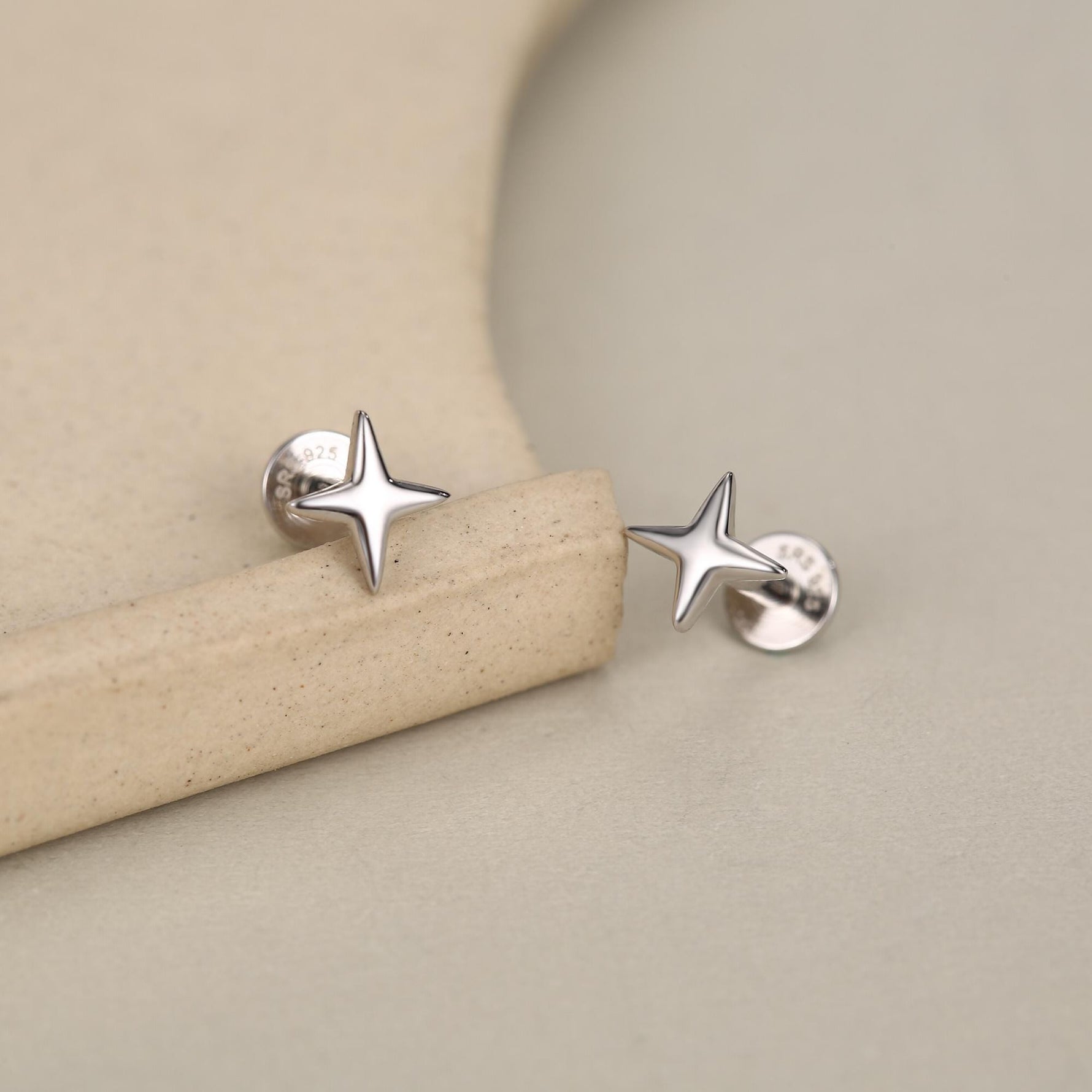 Four Point Star 16G Internally Threaded Flat Back Earrings in Sterling Silver