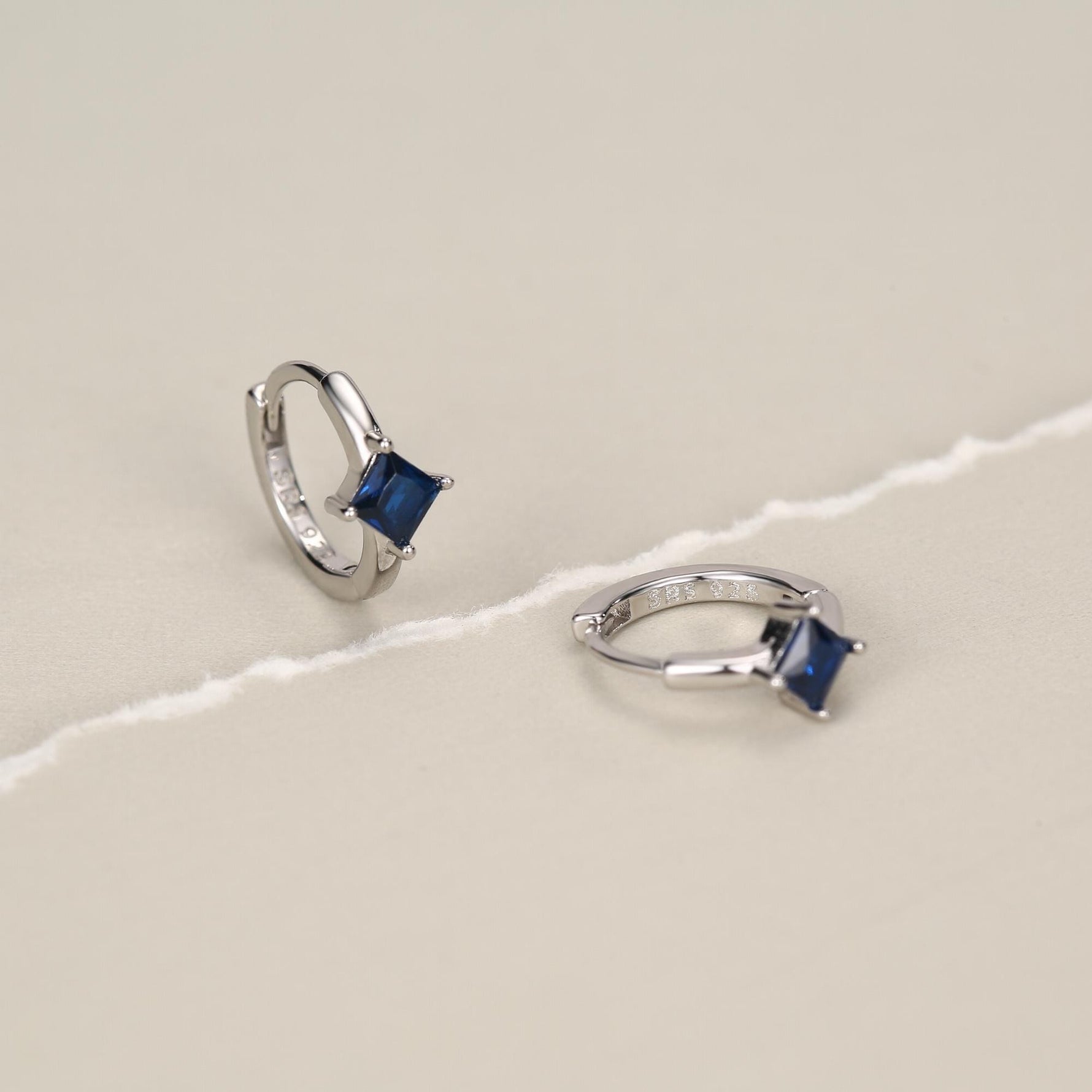 Single Sapphire Blue CZ Crystal Huggie Hoop in Sterling Silver, Silver or Gold, Minimalist Simple Hoop Earrings