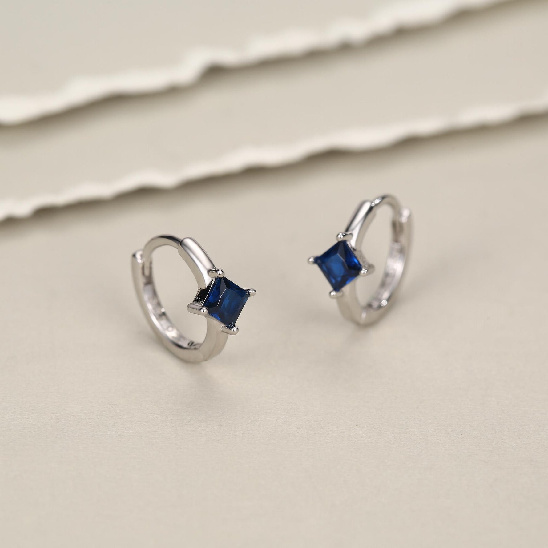 Single Sapphire Blue CZ Crystal Huggie Hoop in Sterling Silver, Silver or Gold, Minimalist Simple Hoop Earrings