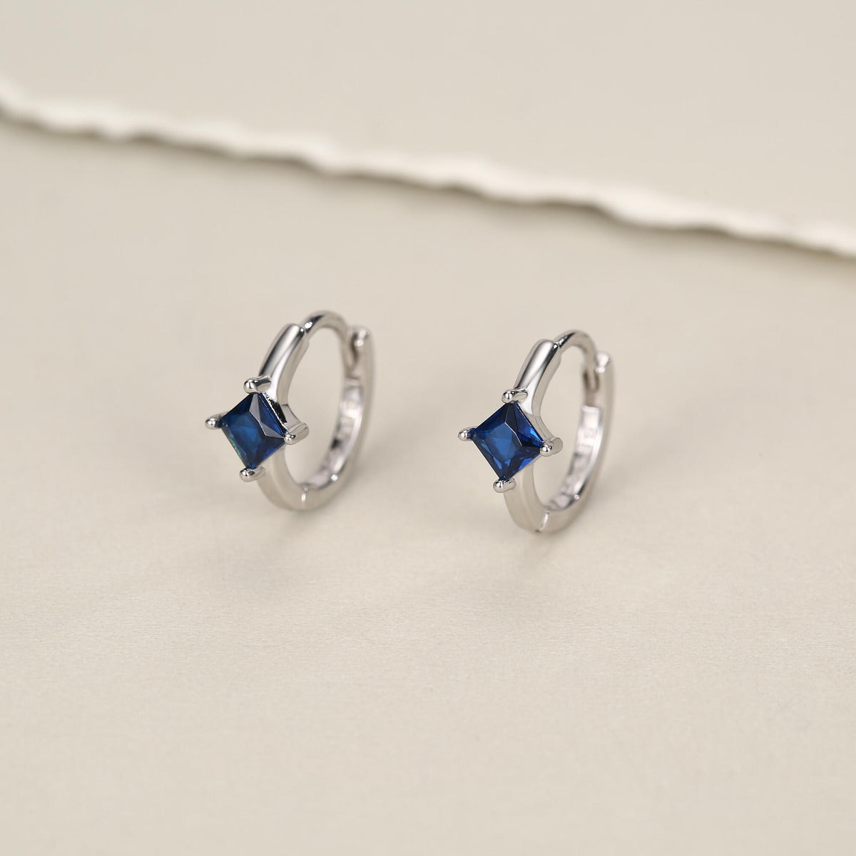 Single Sapphire Blue CZ Crystal Huggie Hoop in Sterling Silver, Silver or Gold, Minimalist Simple Hoop Earrings