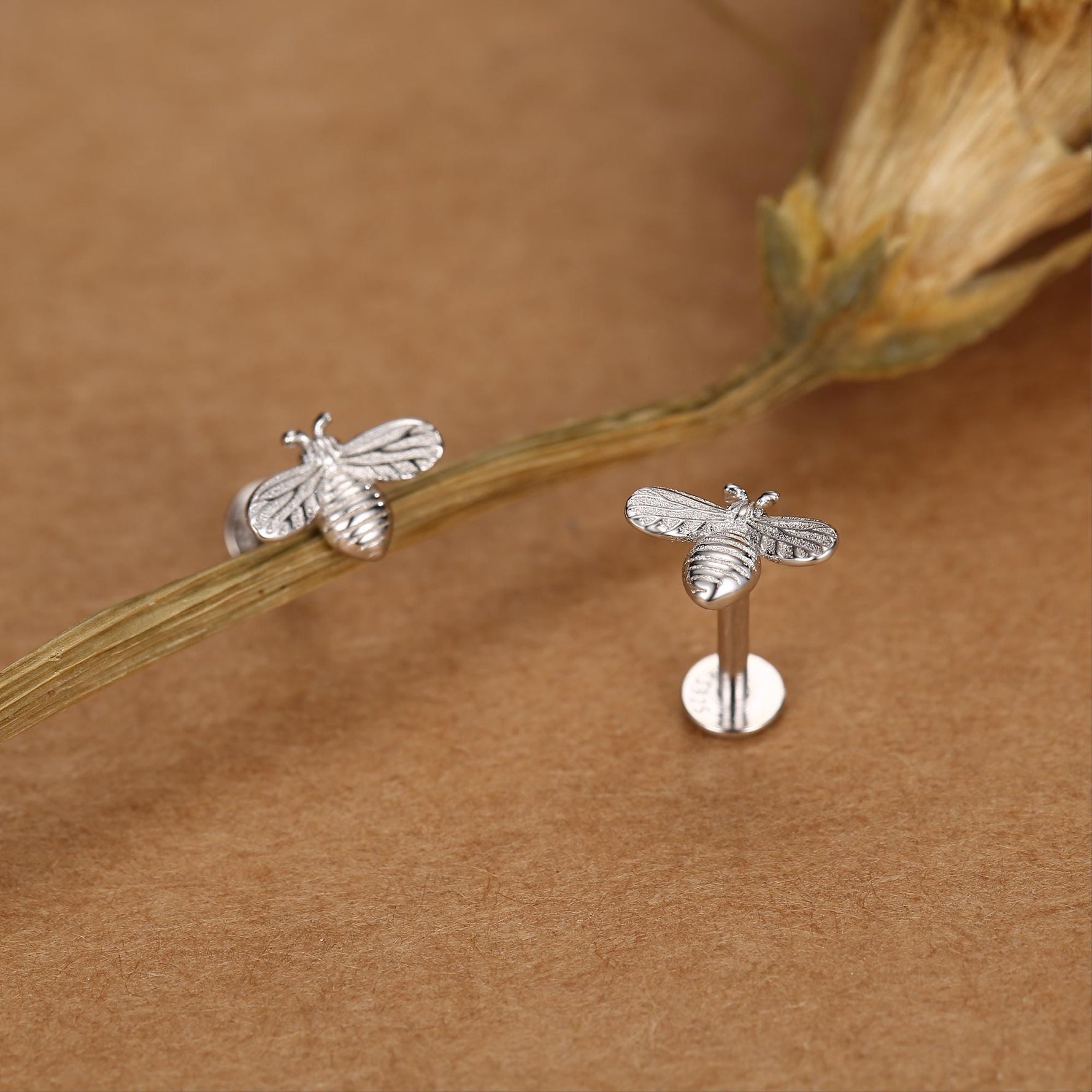 Tiny Bumble Bee 16G Internally Threaded Flat Back Earrings in Sterling Silver, Animal Earrings