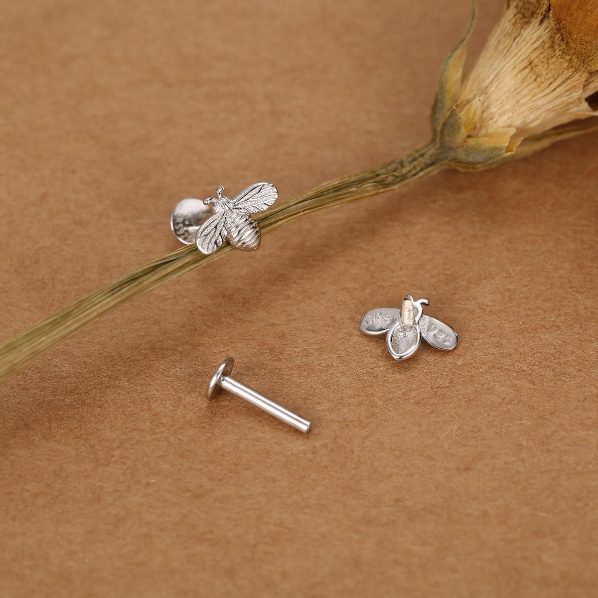 Tiny Bumble Bee 16G Internally Threaded Flat Back Earrings in Sterling Silver, Animal Earrings
