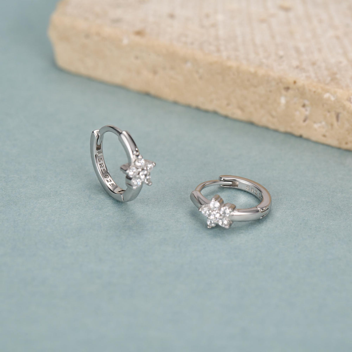 Tiny CZ Flower Huggie Hoops, CZ Hoop Earrings, Crystal Flower Huggie Earrings