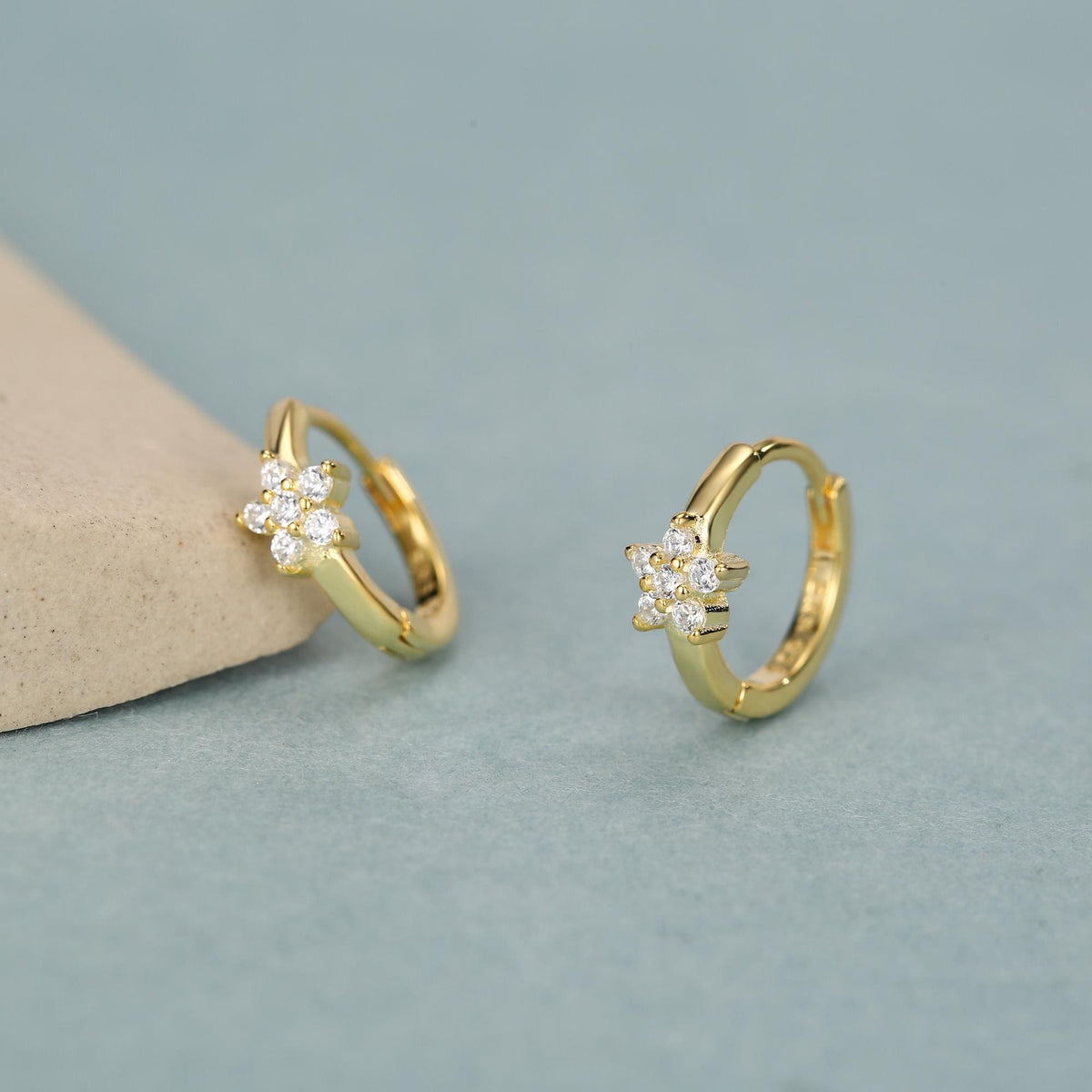Tiny CZ Flower Huggie Hoops, CZ Hoop Earrings, Crystal Flower Huggie Earrings