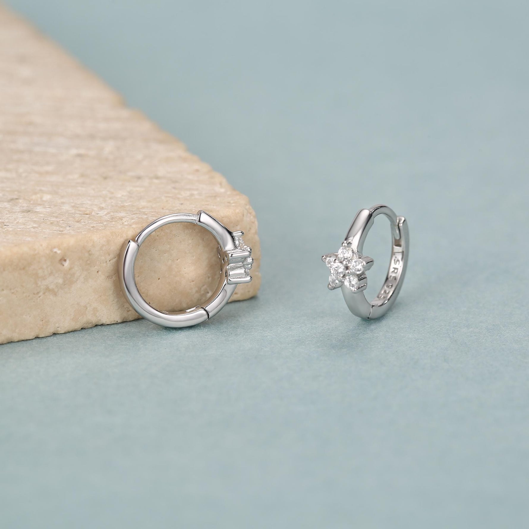 Tiny CZ Flower Huggie Hoops, CZ Hoop Earrings, Crystal Flower Huggie Earrings