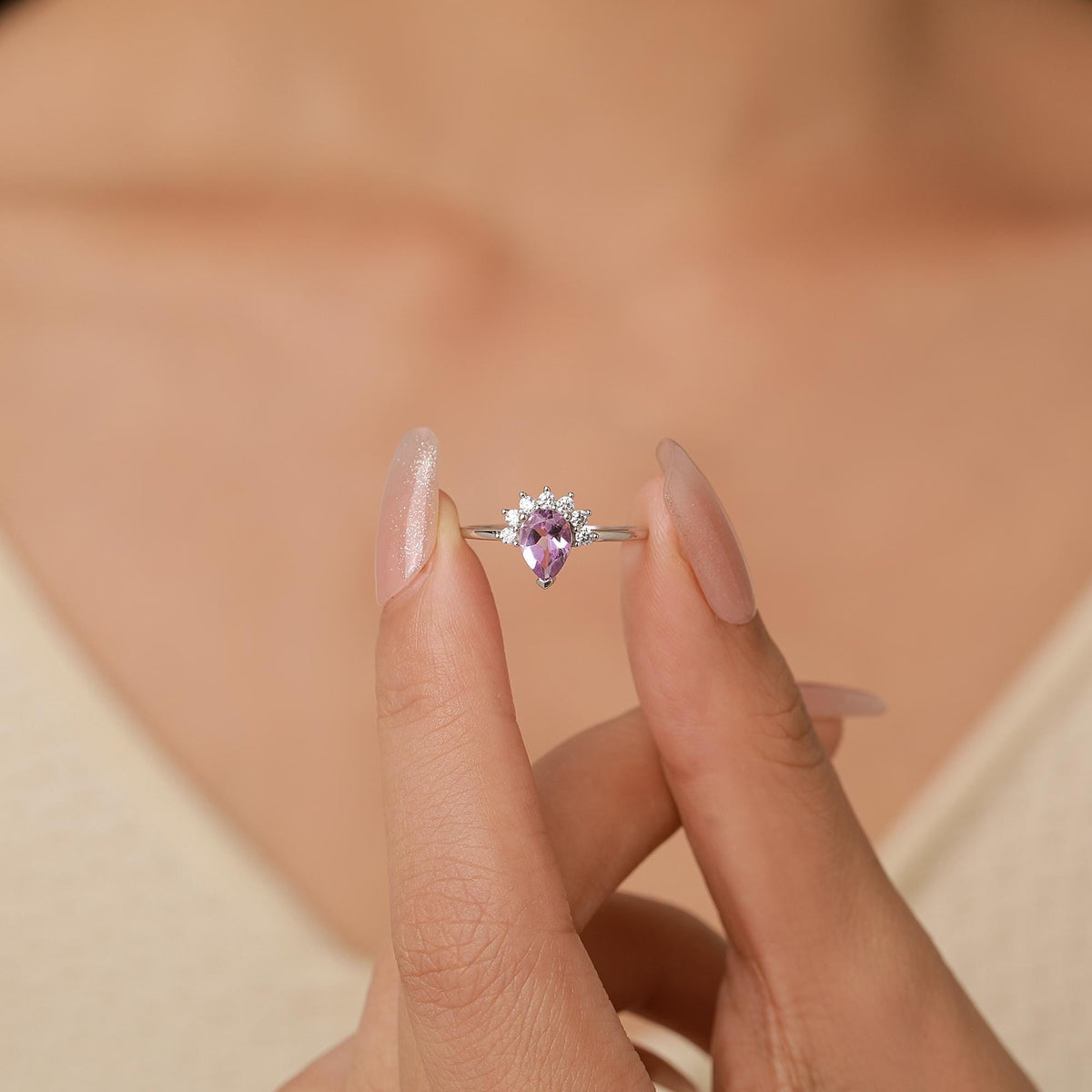 Vintage Pear Cut Amethyst Crown Halo Ring
