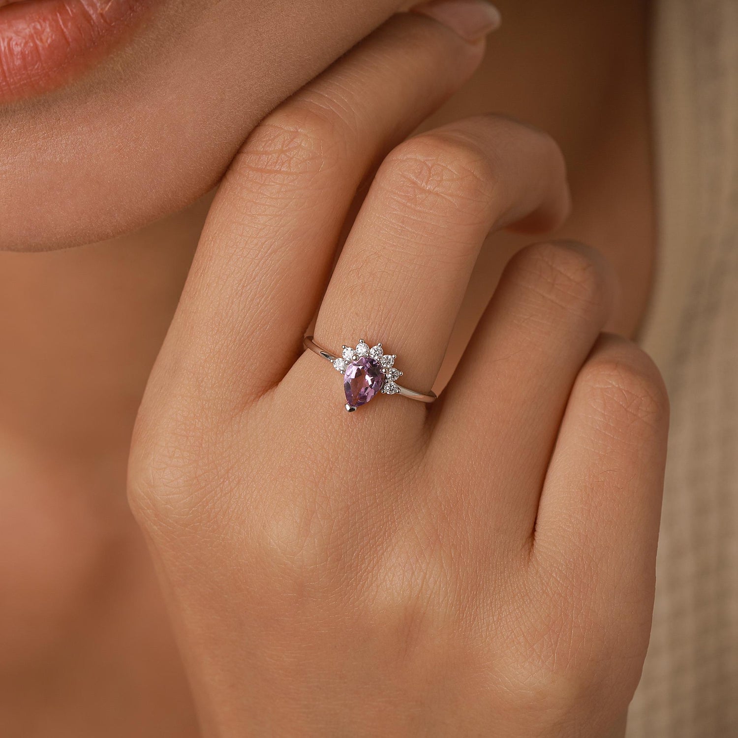 Vintage Pear Cut Amethyst Crown Halo Ring