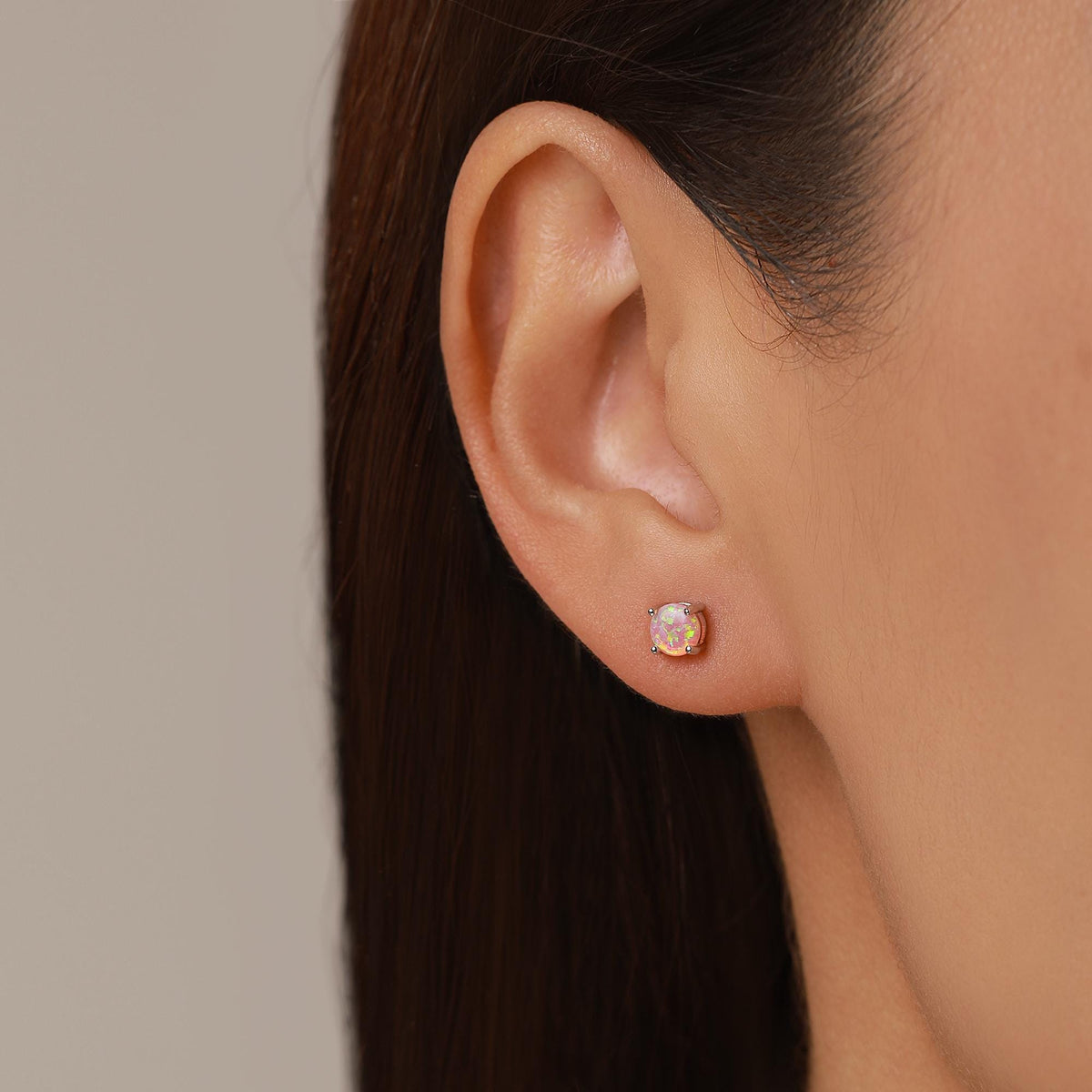 Cosmic Dust Minimalist Opal Stud Earrings in Sterling Silver, Simulated Opal, Blue Lilac Pink Hues