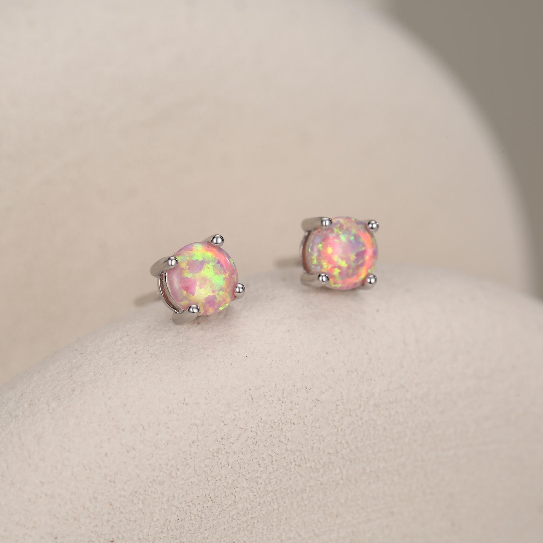 Cosmic Dust Minimalist Opal Stud Earrings in Sterling Silver, Simulated Opal, Blue Lilac Pink Hues