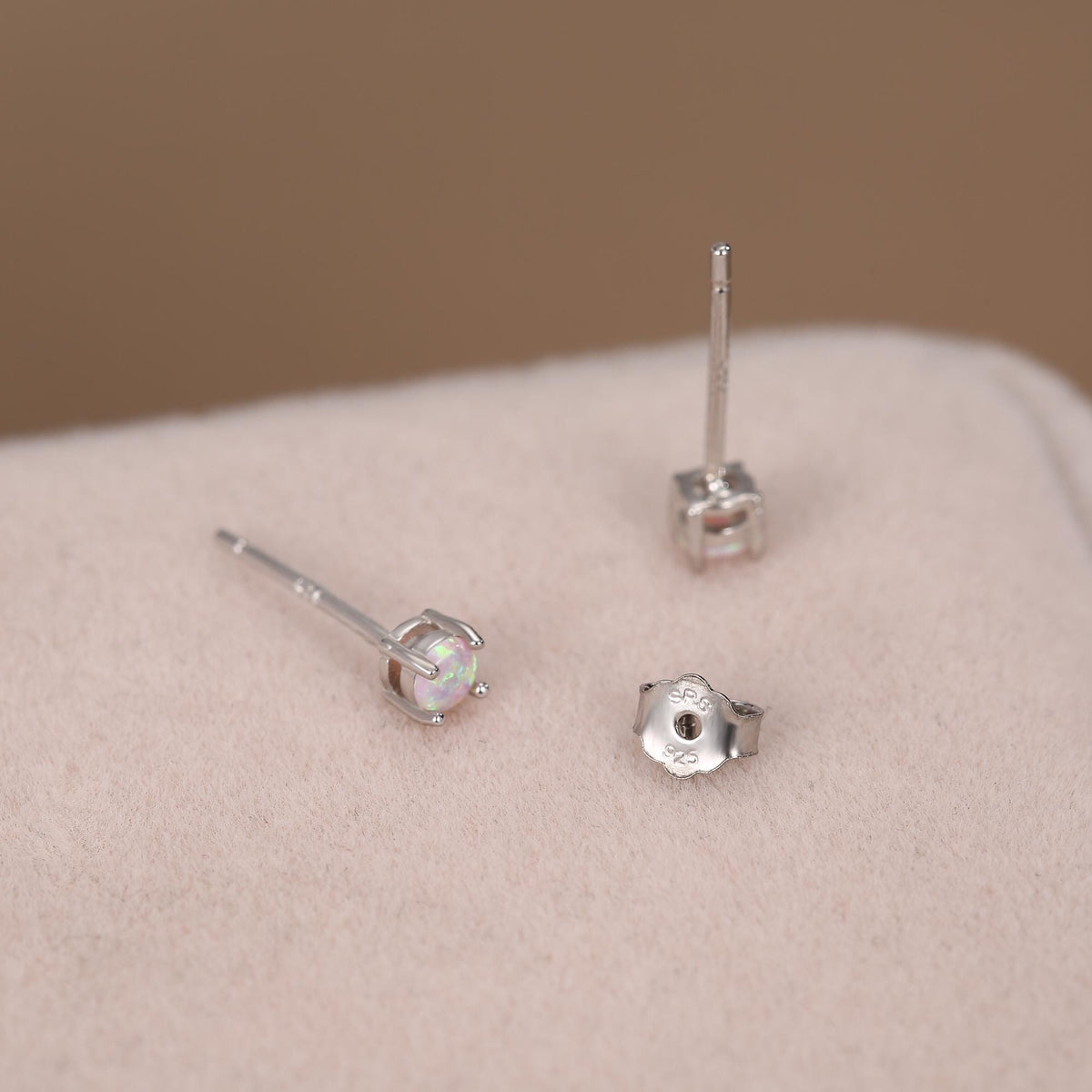 Cosmic Dust Minimalist Opal Stud Earrings in Sterling Silver, Simulated Opal, Blue Lilac Pink Hues