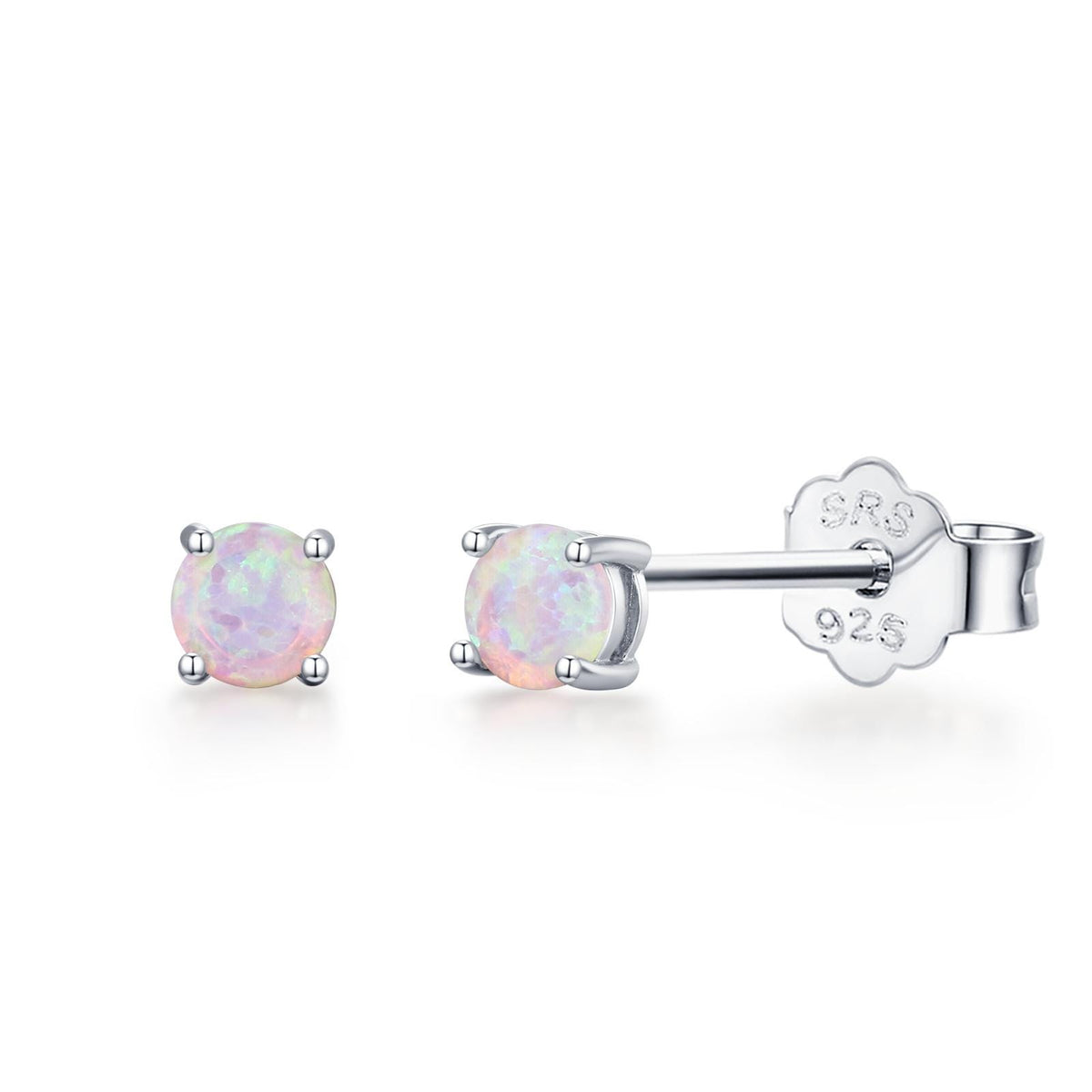 Cosmic Dust Minimalist Opal Stud Earrings in Sterling Silver, Simulated Opal, Blue Lilac Pink Hues