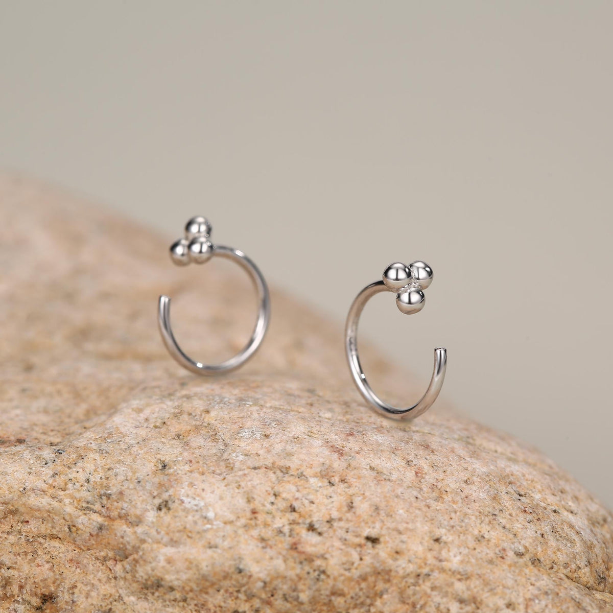 Tiny Three Ball Huggie Hoop Earrings in Sterling Silver, Three Ball Cluster Earrings, Open Hoops, Pull-Through Threader Earrings,