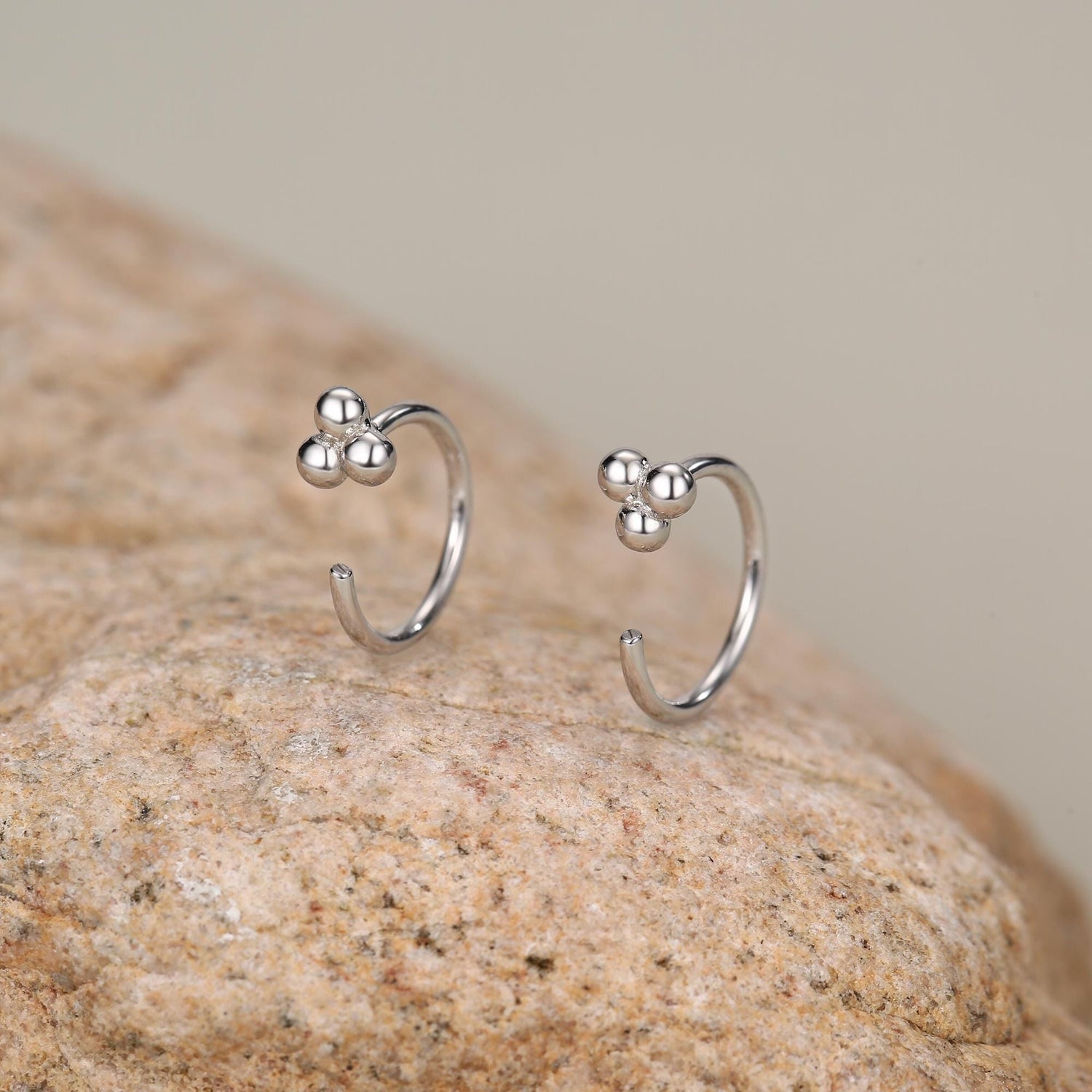 Tiny Three Ball Huggie Hoop Earrings in Sterling Silver, Three Ball Cluster Earrings, Open Hoops, Pull-Through Threader Earrings,