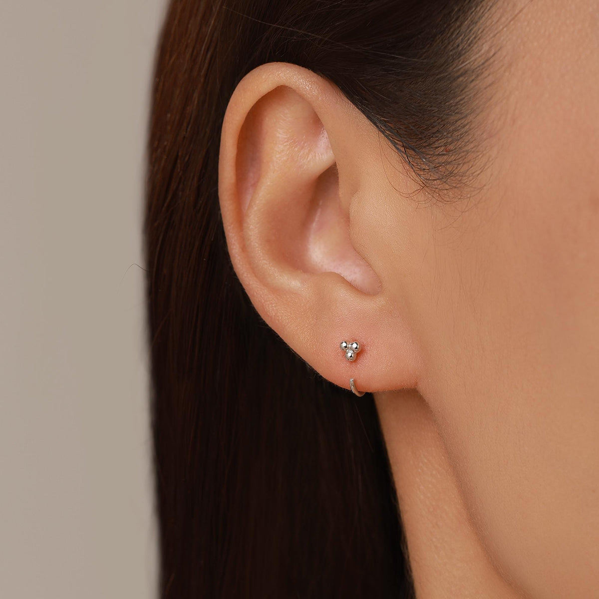Tiny Three Ball Huggie Hoop Earrings in Sterling Silver, Three Ball Cluster Earrings, Open Hoops, Pull-Through Threader Earrings,