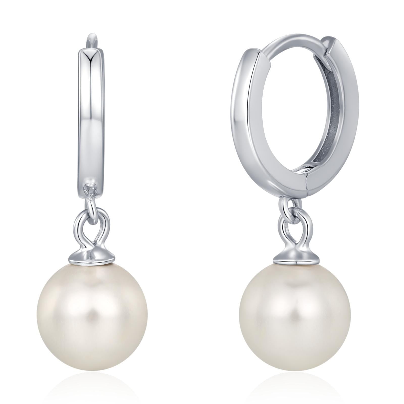 Mother of Pearl Huggie Hoop Earrings in Sterling Silver, Simple Pearl Dangle Earrings, Gold and Silver